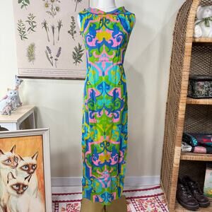 Vintage 60s 70s Hawaiian Colorful Print Canvas Maxi Dress Mod Retro Resort XS S